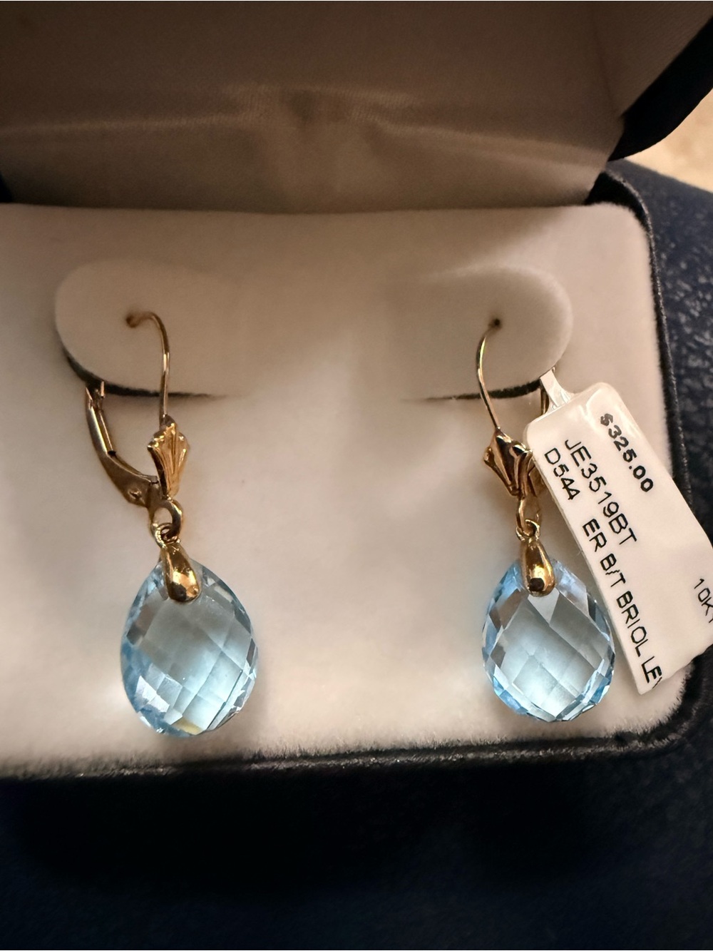 10K yellow gold dangle earrings blue topaz briolette gemstones.